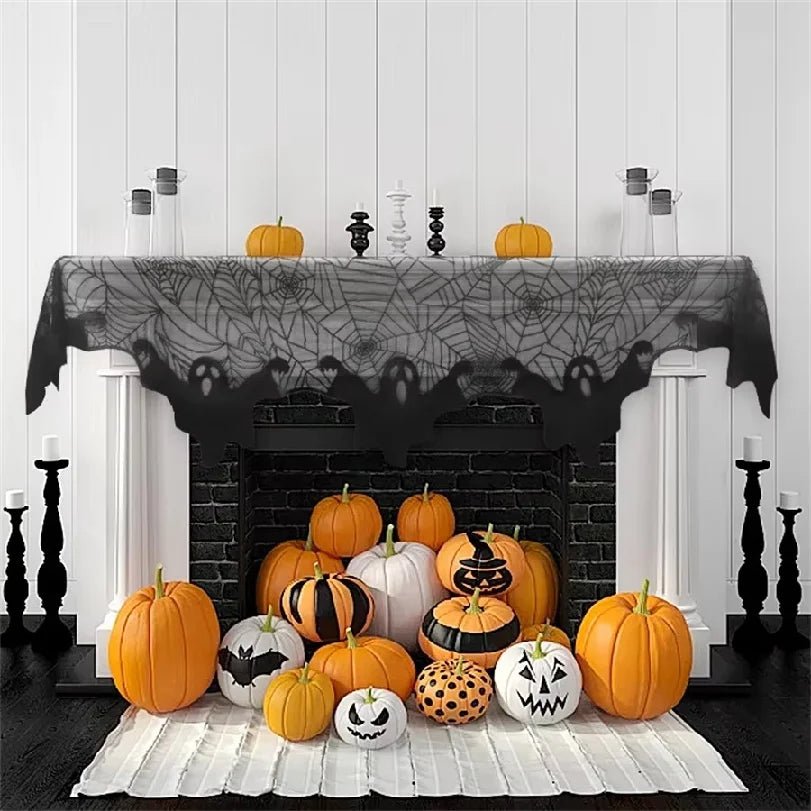 1pc Halloween Lace Mantel Scarf Spider Web Ghost Edge Fireplace Table Runner Decor, Party Atmosphere Decorative Tablecloth