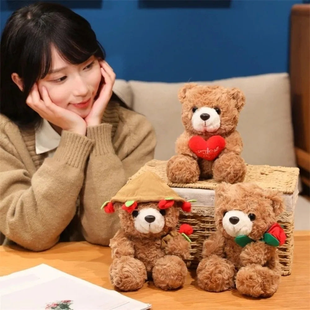 Lovely 16/25CM Bear Plush Toy Romantic Red Heart Rose Bear Doll Cute Soft Holding Flowers Bear Doll Home Decoration