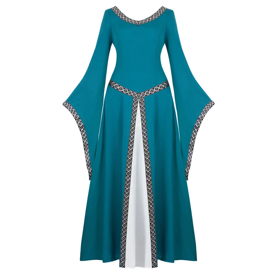 Women Medieval Renaissance Trumpet Sleeve Retro Loor Length Gown Lace Trim Irish Over Long Dress Halloween Costume Plus Size
