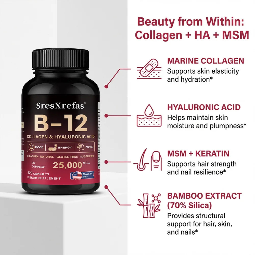 Vitamin B12 with Collagen,  Hyaluronic Acid - Supports Energy, Focus, Mood, Nervous System & Immune Health, Relieves Fatigue
