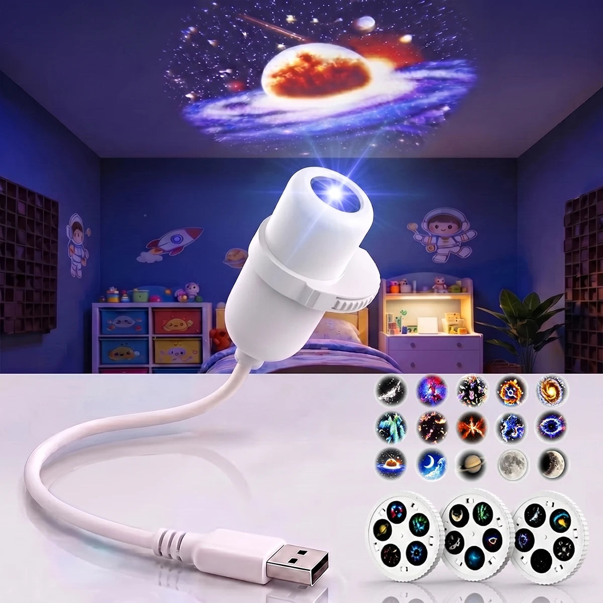 USB Starry Sky Projector Lamp 360° Rotatable Flexible Hose Planet Galaxy Projection Light with 17/12 Pcs Film Slides Bedroom