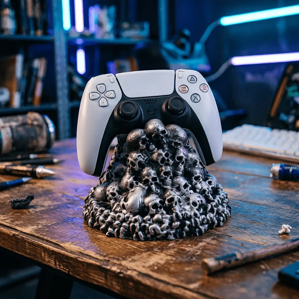 Dark Skeleton Stack Game Stand - Punk Style Base for PS5/Xbox/Switch, Creative Desk Organizer & Gift for Gamers.