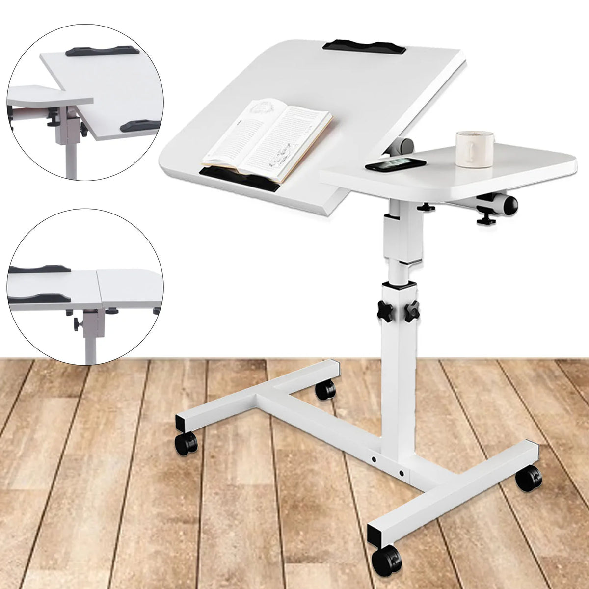 Mobile Laptop Desk with Wheels Height Adjustable Overbed Table, 180 Tiltable Bedside Computer Stand with Safety Edge Stopper, Carbon Steel Rolling Notebook Tray for Home Office Sofa Bed, White Bedroom Furniture