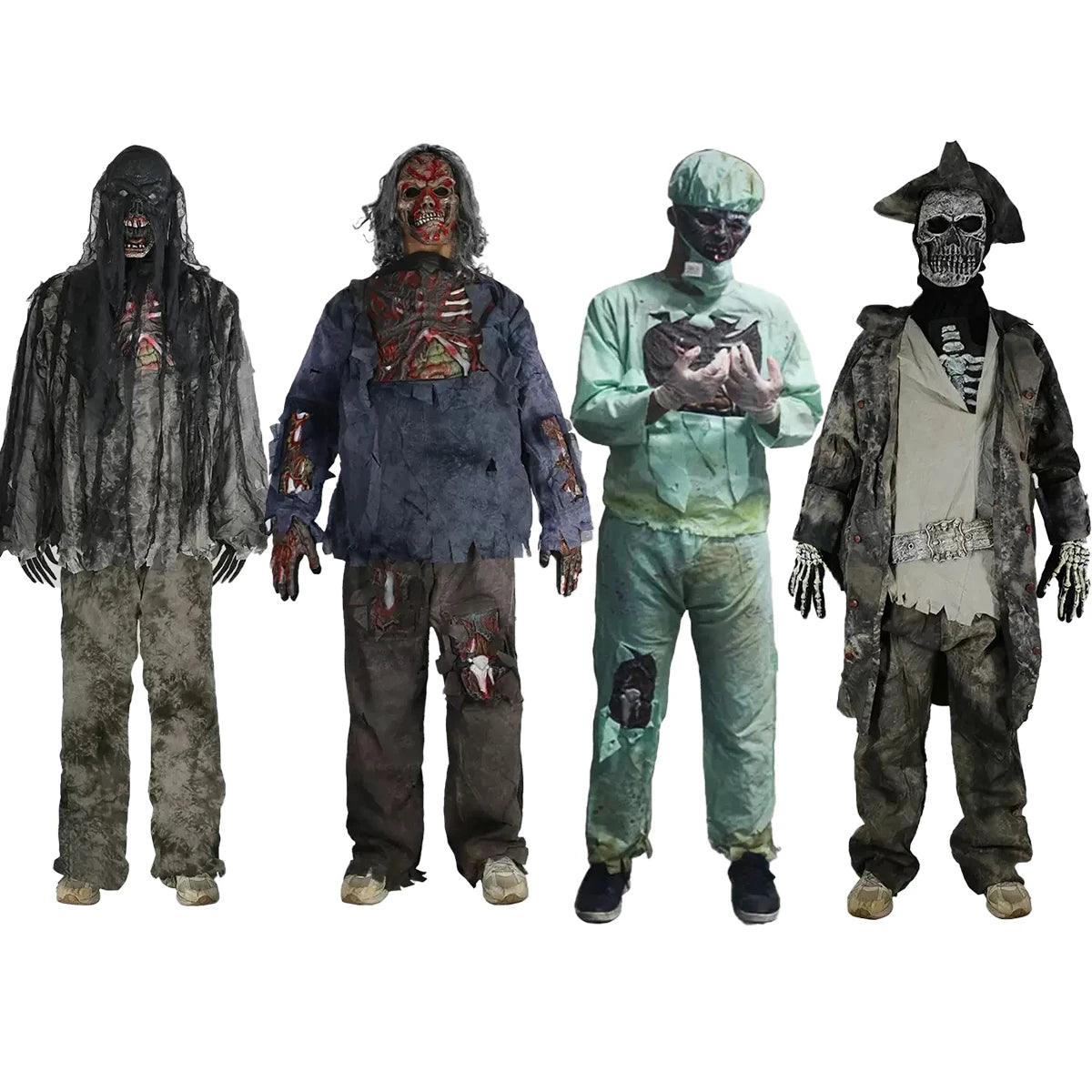 Kids & Adults Zombie Cosplay Costume, Scary Horror Bloody Skeleton  Outfit with Mask Gloves, Halloween Carnival Fancy Dress