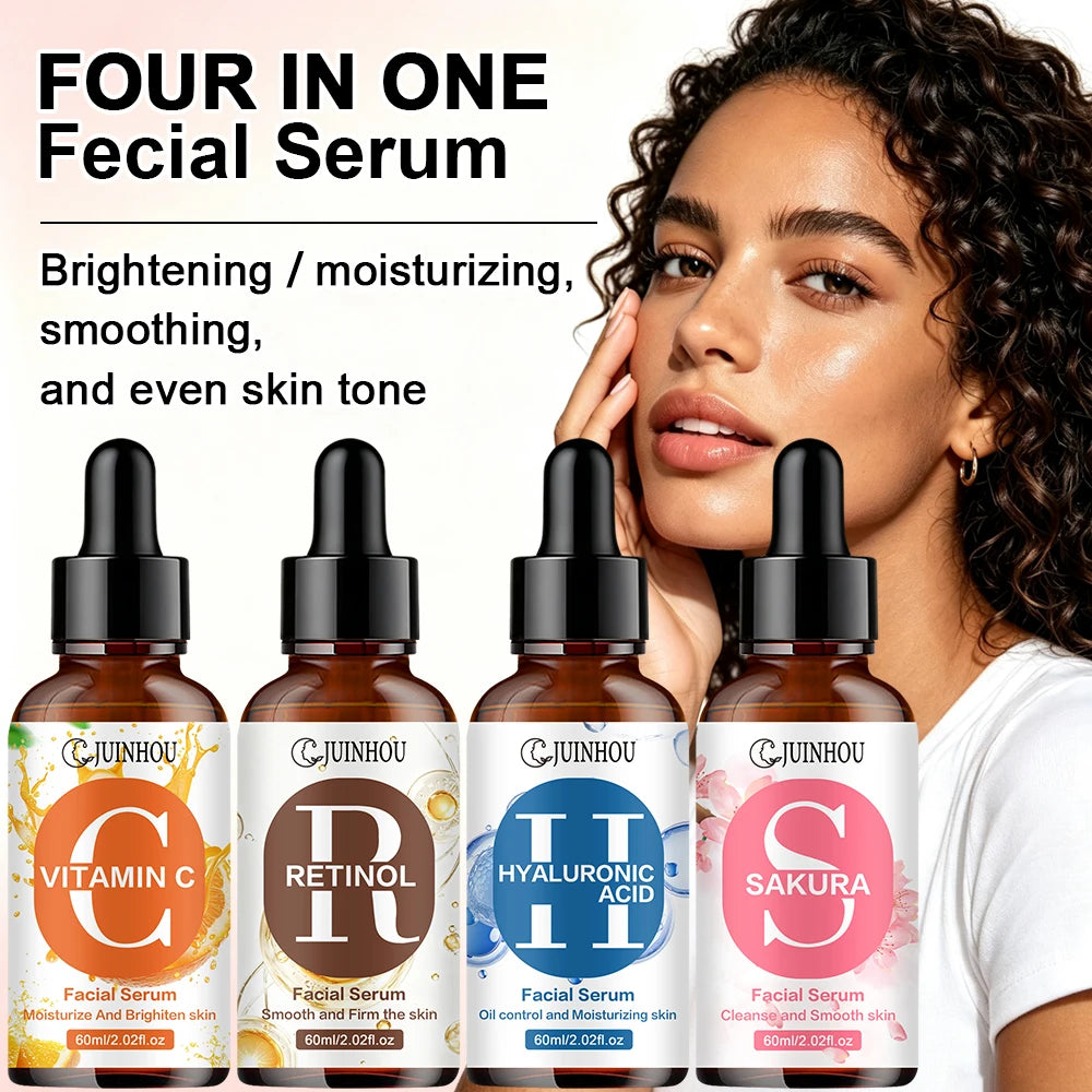 JUINHOU 4pcs Vitamin C + Retinol +Sakura + Hyaluronic Acid Serum Brightening & Hydration Combo Supple Skin For All Skin Type