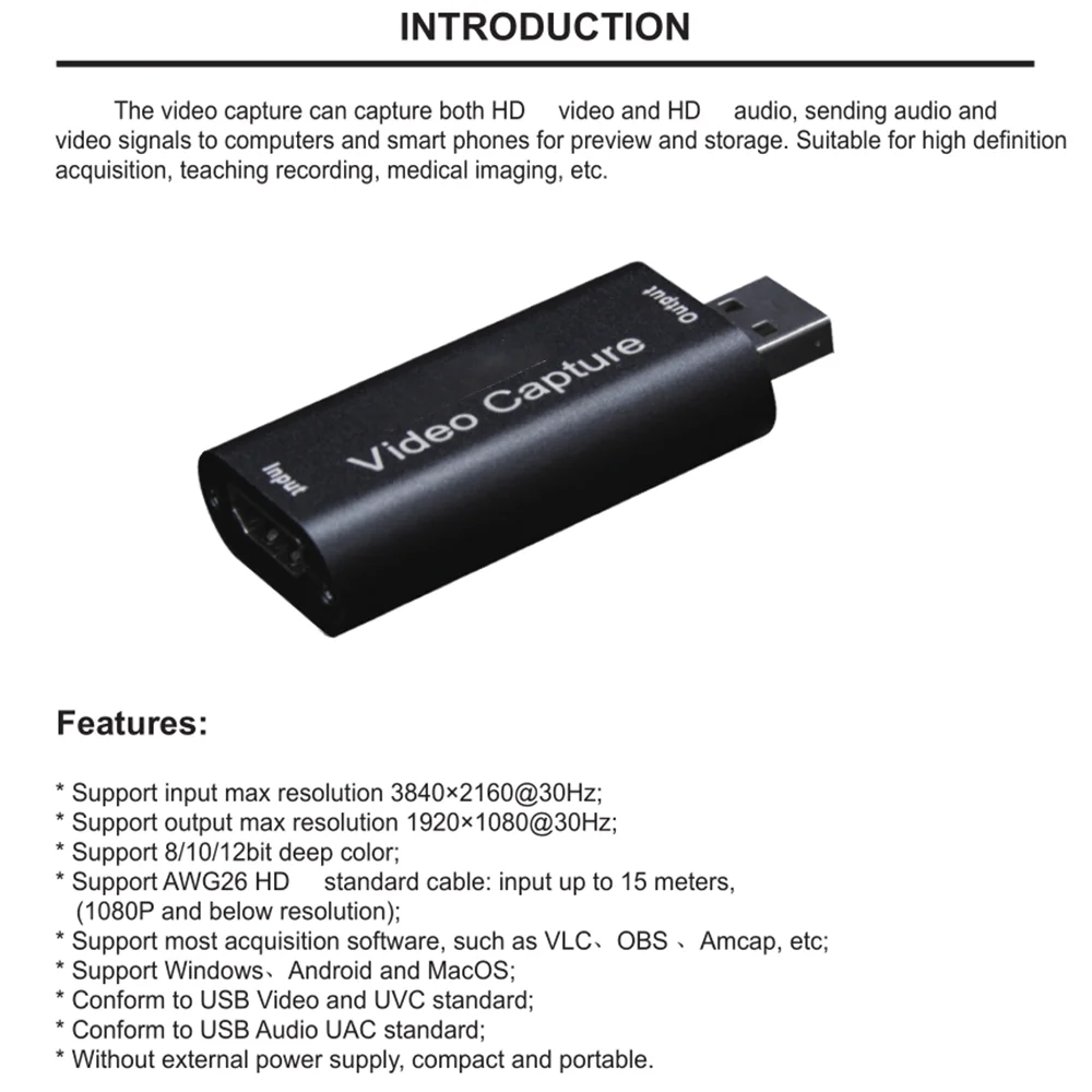 4K Video Capture Card USB 3.0 USB2.0 HDMI-compatible Grabber Recorder for PS4 Game DVD Camcorder Camera Recording Live Streaming