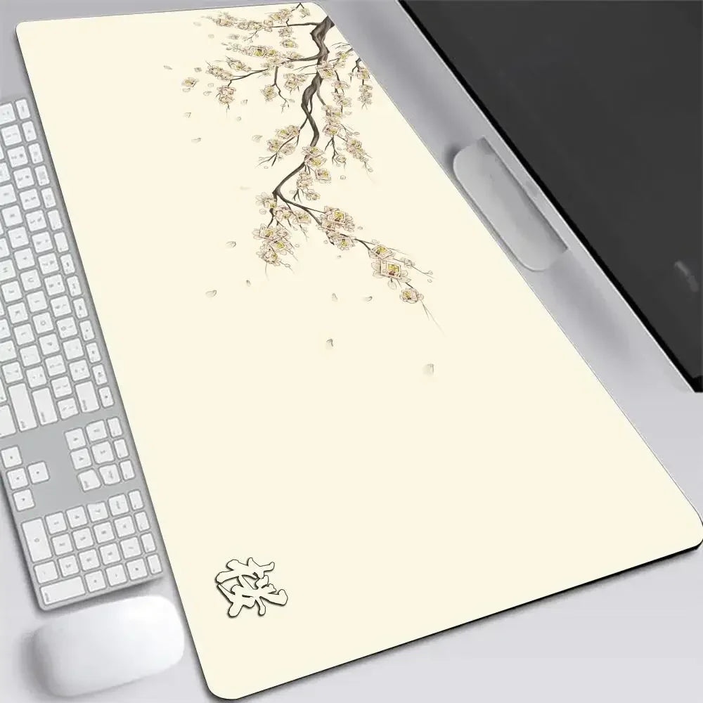 Alfombrilla de ratón XXL japonesa de flor de cerezo, gris, para laptops, escritorio de juego, sakura, anime, alfombra de oficina, gamer, teclados, computadoras y escritorios