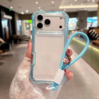 Luxury 3in1 Clear Anti-Drop Phone Case for iPhone 18 17 16 15 14 Plus 13 Pro Max Candy Colour Frame Wrist Strap Protection Cover