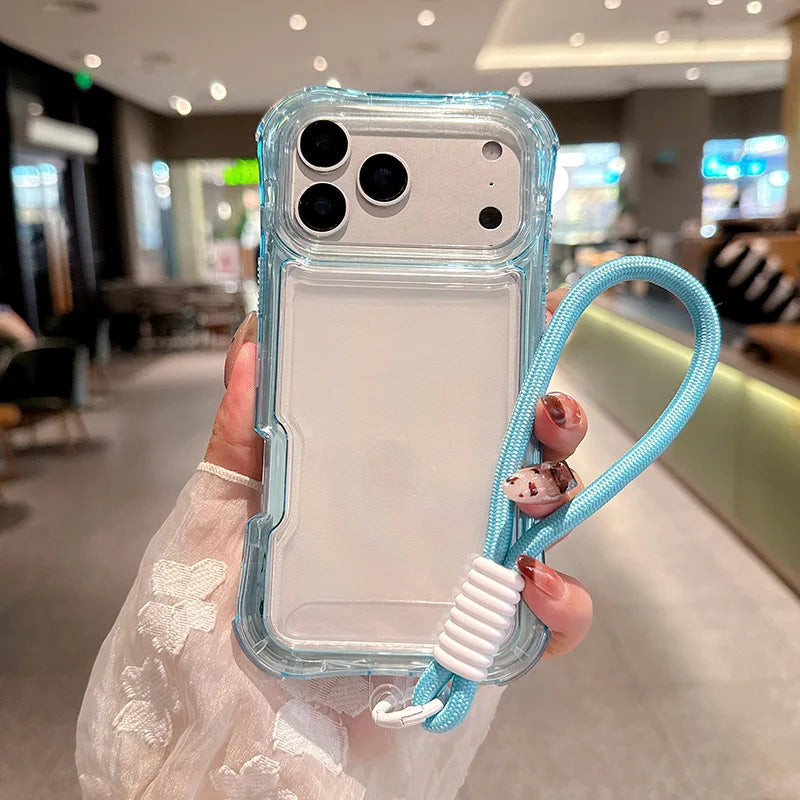 Luxury 3in1 Clear Anti-Drop Phone Case for iPhone 18 17 16 15 14 Plus 13 Pro Max Candy Colour Frame Wrist Strap Protection Cover