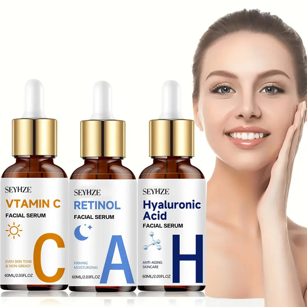 SEYHZE Day Night Vitamin C + Retinol + Hyaluronic Acid Essence Set with Collagen Aloe Vera Marshmallow 48hr Moisture Lock Skin B