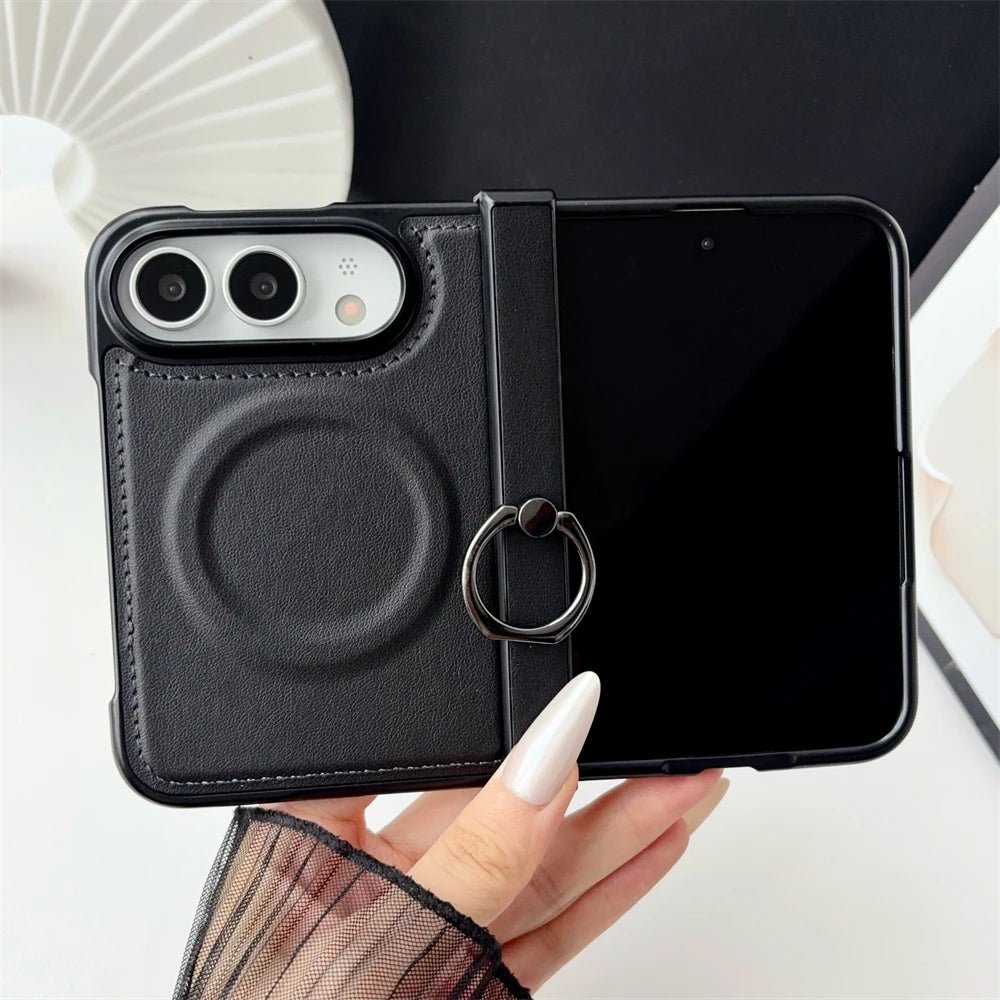 Vegan Leather Magnetic Ring Phone Case For iPhone Duo Shockproof Matte For Magsafe Wireless Charging Shockproof Back Cover
