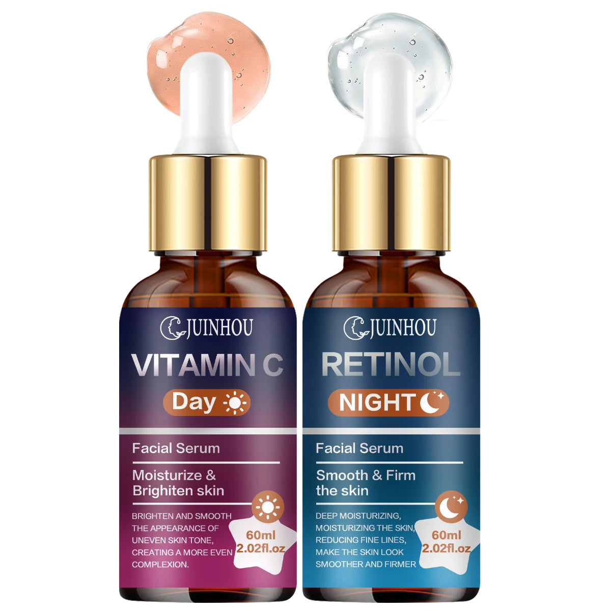 JUINHOU 2Pcs Day & Night Face Serum Set Vitamin C Retinol Hydrating Glowing Skin Make Skin Smoother And Firmer Daily Facial Care