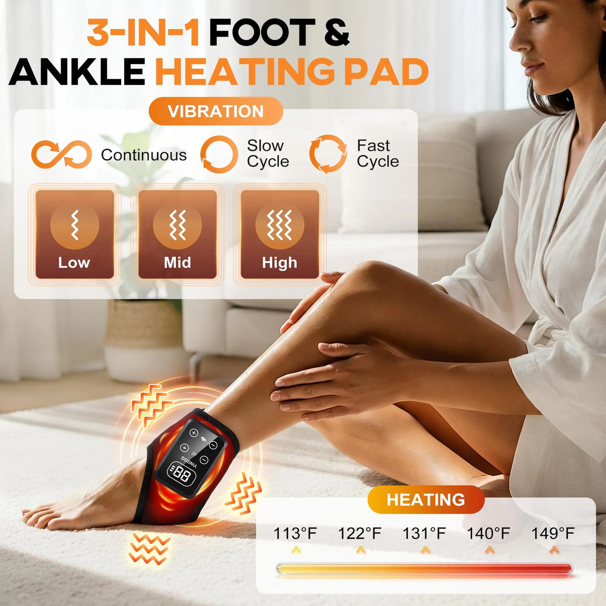 3 in 1 Ankle Heating Pad for Pain Relief Wireless Foot Massager with 5 Heat 3 Vibration Mode Feet Pain Relief Led Touch Large Screen Ankle Brace Wraps Support Belt Cordless