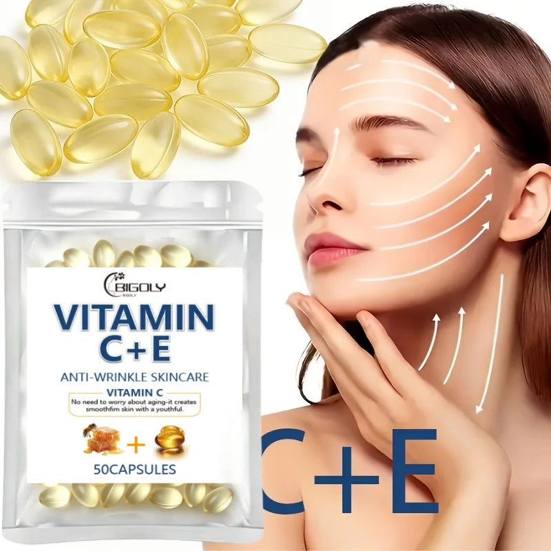 0.34g*50 Capsules of Vitamin C + Vitamin E Facial Care Essence Oil, Moisturizing, Hydrating, Non-Greasy, Say Goodbye to Dry and Rough Skin