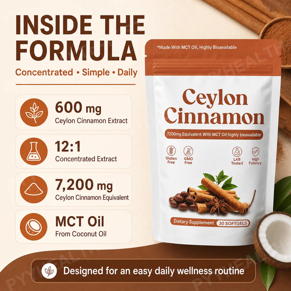 Ceylon Cinnamon Softgels 7200mg Equivalent,12:1 Concentrated Extract with MCT Oil,High Bioavailability, Daily Balance Support