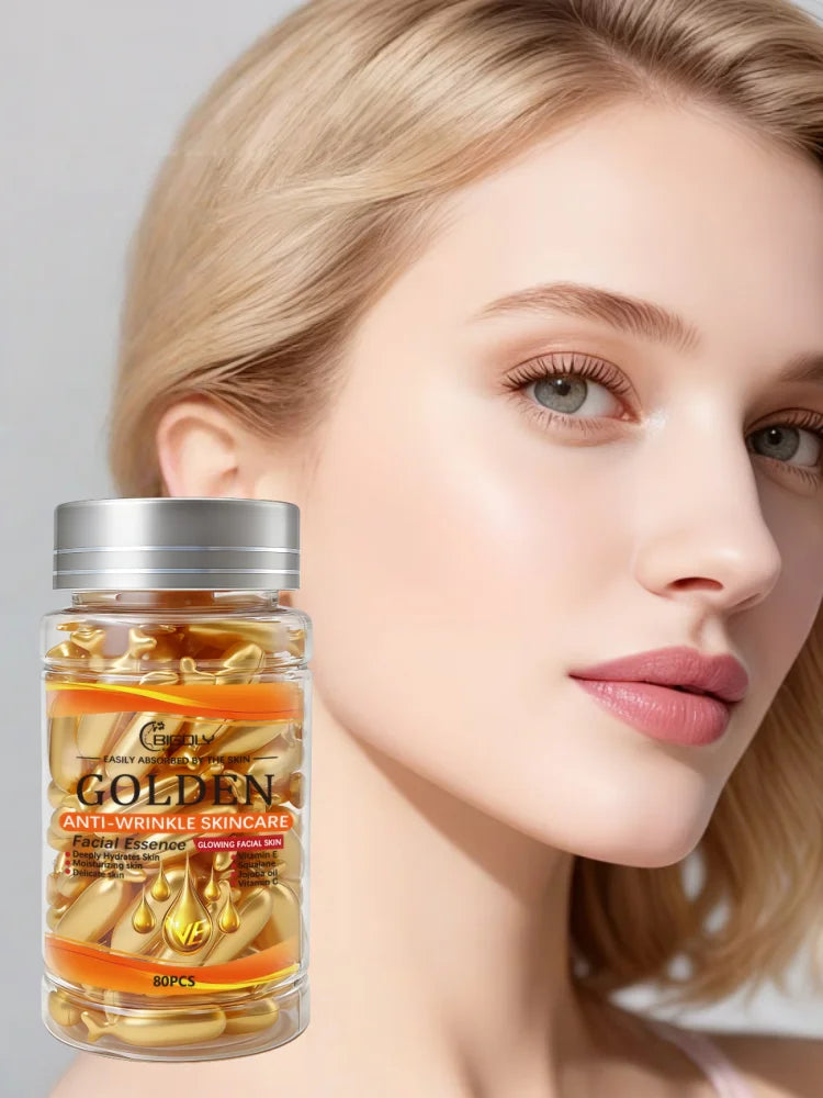 80 Capsules of Facial Anti-Wrinkle Serum, Rich in Vitamins C, E, and Squalane, Moisturizes and Nourishes the Skin, Making It Smooth and Delicate, Packaged in Capsule Form, Hygienic and Portable