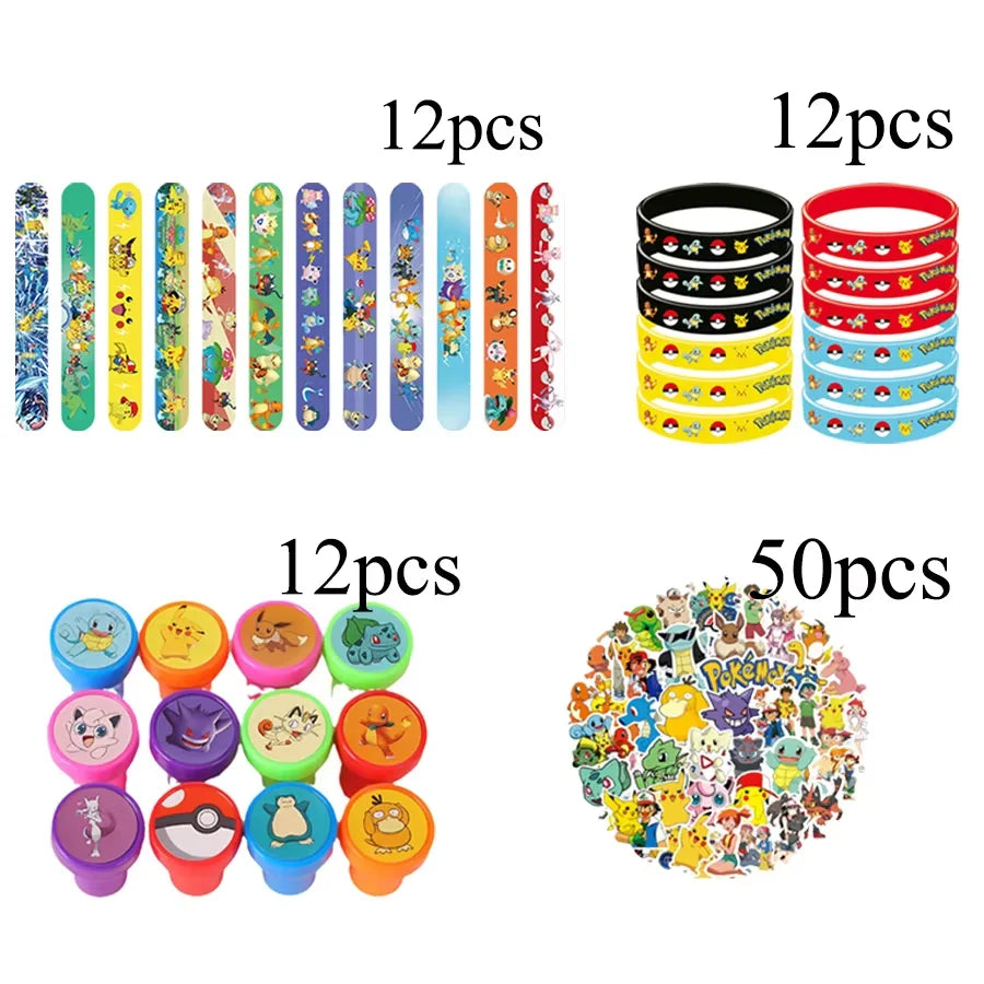 PokeMoned Theme Party Favors Slap Bracelets Stickers Keychain Party Gifts Goodie Bag Stuffers Fillers Birthday Party Decorations
