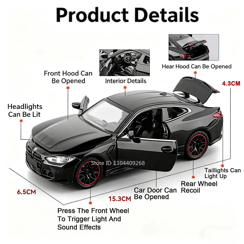 Scale 1:32 M4 X3M Toy Car Model Pull Back Music Light Doors Opened Miniature Vehicle Metal Diecast Models Kids Educational Gifts