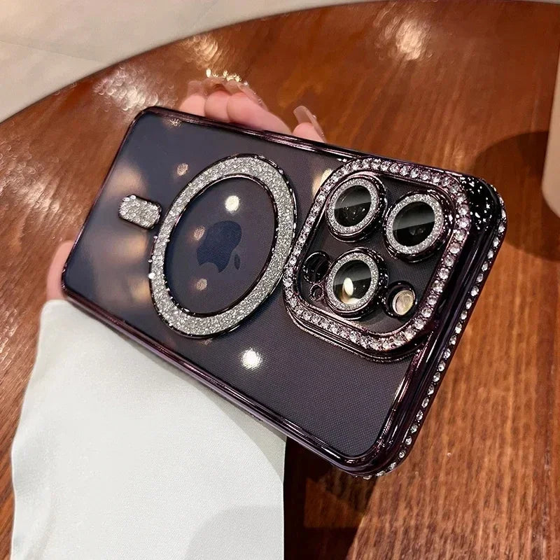 New Fashion Glitter Diamond Transparent Case For iPhone 16 15 14 13 17 12 18 Pro Max Plus Magnetic Wireless Charge Bumper Cover