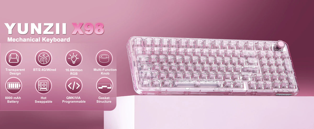 YUNZII X98 Pink QMK/VIA Wireless Transparent RGB Keyboard, Hot-Swap Gasket Mechanical Gaming Keyboard, Pre-lubed Knob Keyboard