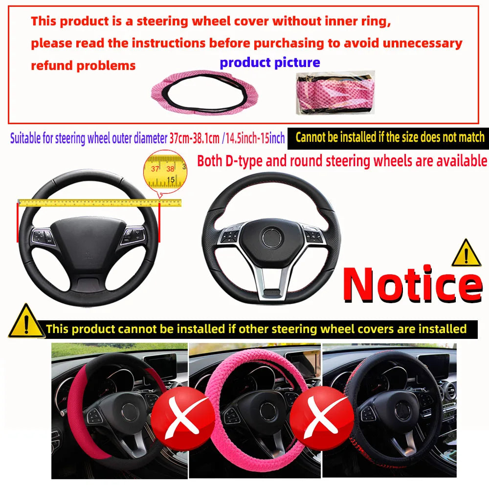Universal Fit PU Carbon Fiber Leather Car Steering Wheel Cover 14.5-15 Inch No Inner Ring Required Vehicle Decoration Accessory