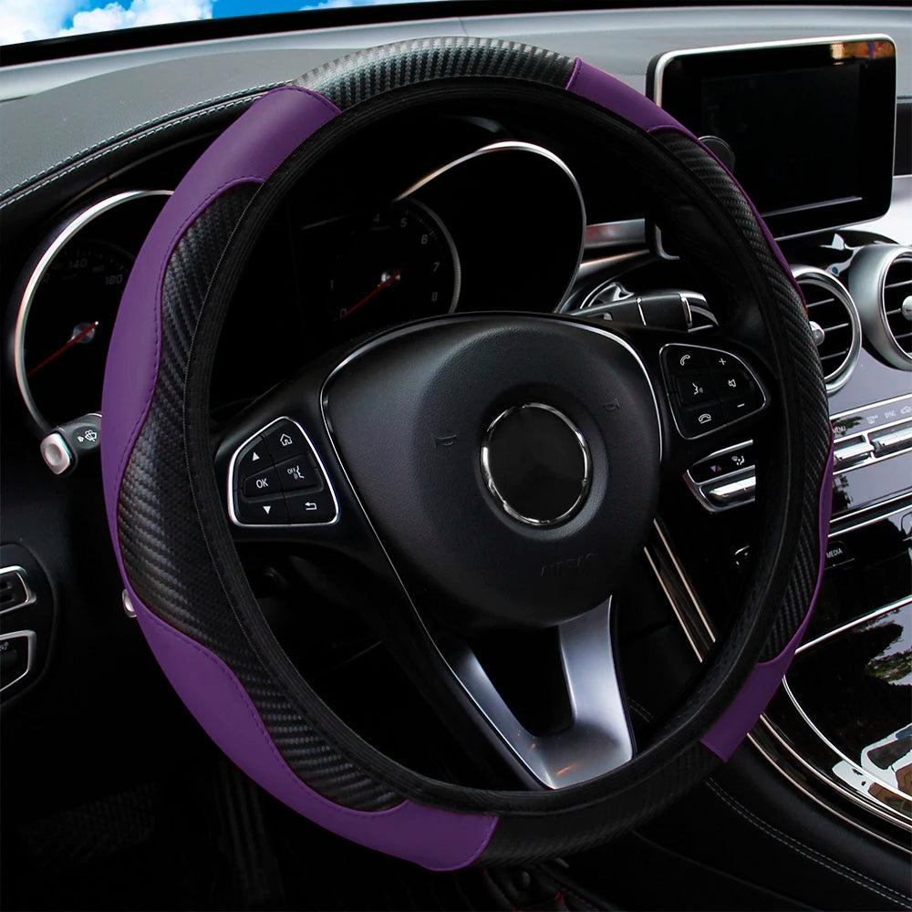 Universal Fit PU Carbon Fiber Leather Car Steering Wheel Cover 14.5-15 Inch No Inner Ring Required Vehicle Decoration Accessory