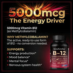 Vitamin B12 with Collagen,  Hyaluronic Acid - Supports Energy, Focus, Mood, Nervous System & Immune Health, Relieves Fatigue