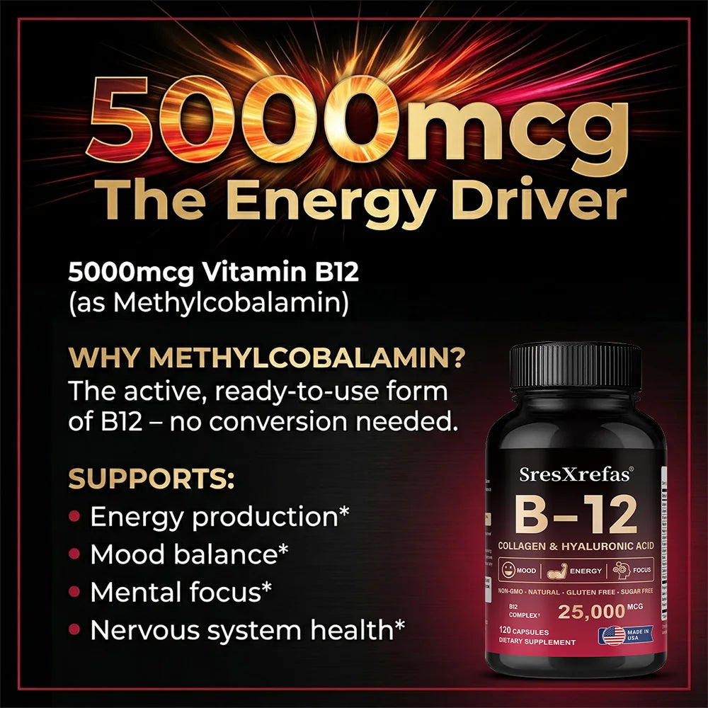 Vitamin B12 with Collagen,  Hyaluronic Acid - Supports Energy, Focus, Mood, Nervous System & Immune Health, Relieves Fatigue