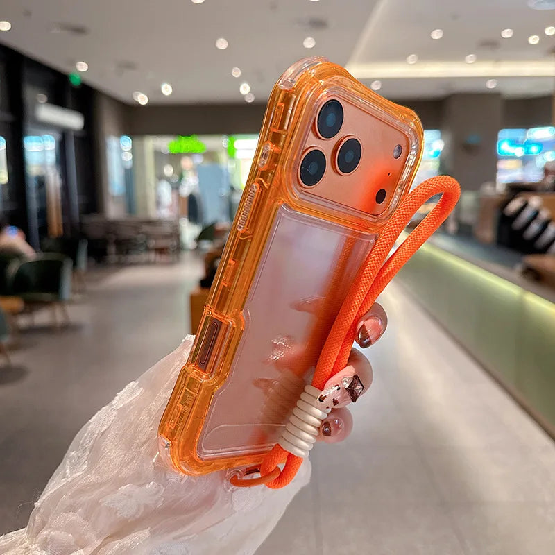 Luxury 3in1 Clear Anti-Drop Phone Case for iPhone 18 17 16 15 14 Plus 13 Pro Max Candy Colour Frame Wrist Strap Protection Cover
