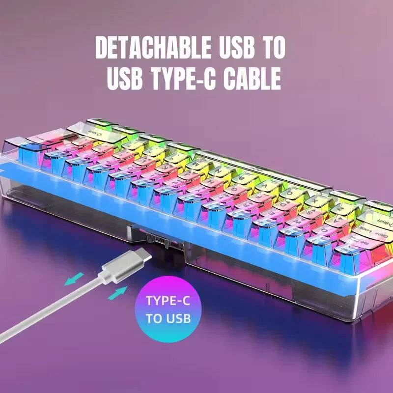 61-Key Fully Transparent Wired Gaming Keyboard with RGB Backlight, Ergonomic Design, Portable and Ultra-Compact 60% Mini Film Ke