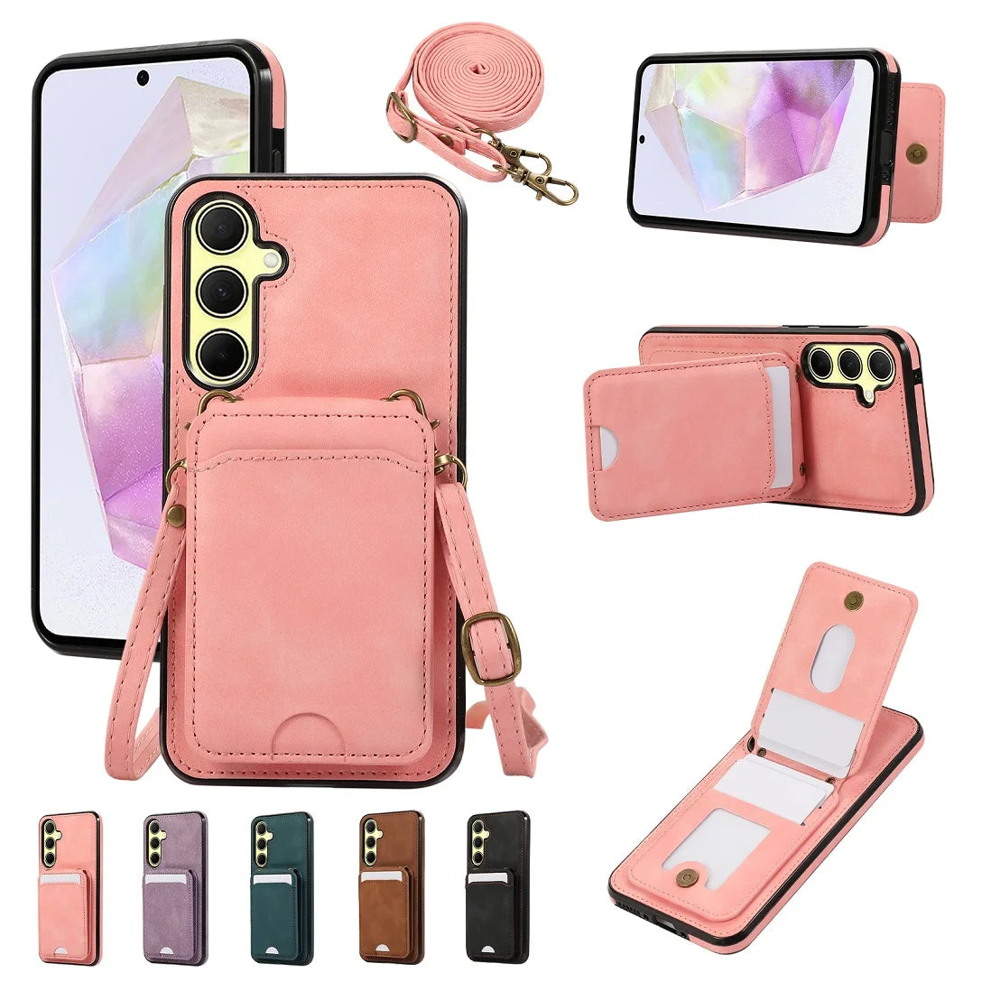Shoulder Lanyard Leather Card Wallet Case For Samsung Galaxy S25 S24 S26 Ultra S23 S22Plus A57 A37 A17 A36 A56 Stand Phone Cover