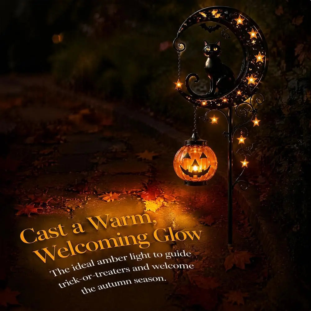 Solar Halloween Black Cat & Pumpkin Moon Garden Stake Light, Solar Garden Decoration, Outdoor Waterproof Metal Pumpkin Stake