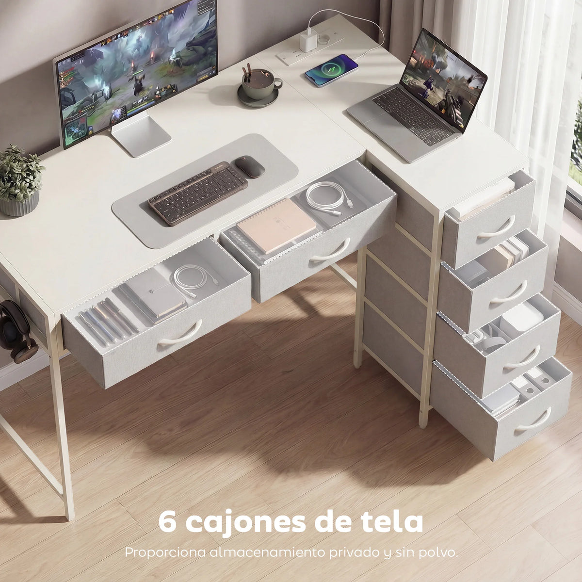 Homcom Reversible Corner Desk with 6 Drawers 126X48 cm with Power Outlet USB and Usb-C Charging Port White
