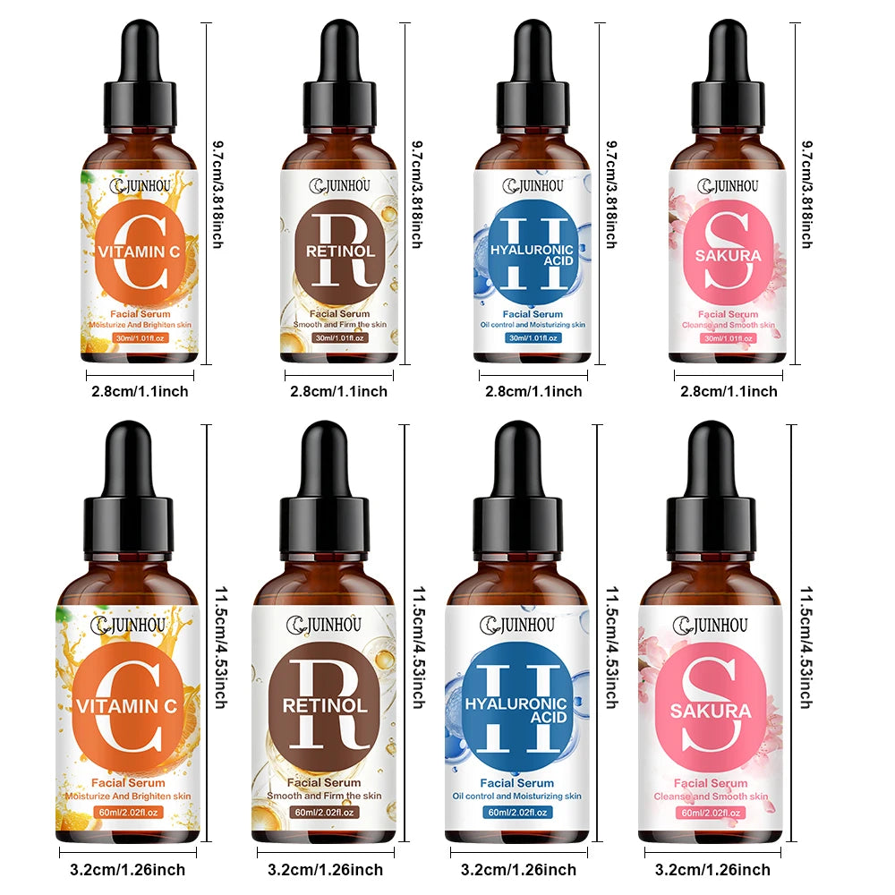 JUINHOU 4pcs Vitamin C + Retinol +Sakura + Hyaluronic Acid Serum Brightening & Hydration Combo Supple Skin For All Skin Type