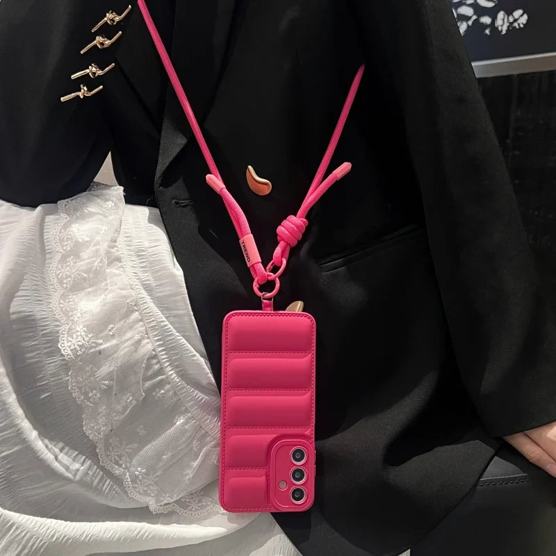 Fashion Down Jacket Lanyard Crossbody Case For Samsung Galaxy A56 A36 A26 A16 A55 A35 A54 A53 A52 A34 A33 Long Strap Soft Cover