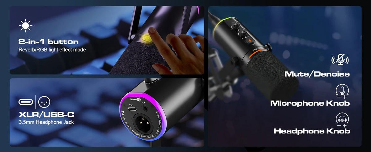 XLR/USB Gaming Microphone Kit: Dynamic PC Mic for Streaming Podcasting,  Mute Button, Reverb Effects, RGB Computer Mic with Arm