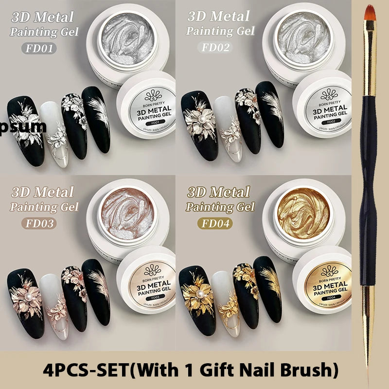 BORN PRETTY 5ml 3D Metal Painting Gel Embossed Nail Gel Polish Plaster Texture Drawing Carving Gel Nail Art Manicure Supplies