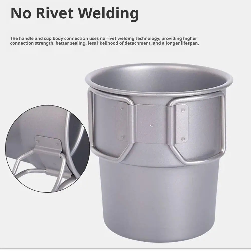 Pure Titanium Camping Cup with Lid Foldable Handle Lightweight Single Wall Mug Open Fire Coffee Tea Cup for Hiking Backpacking