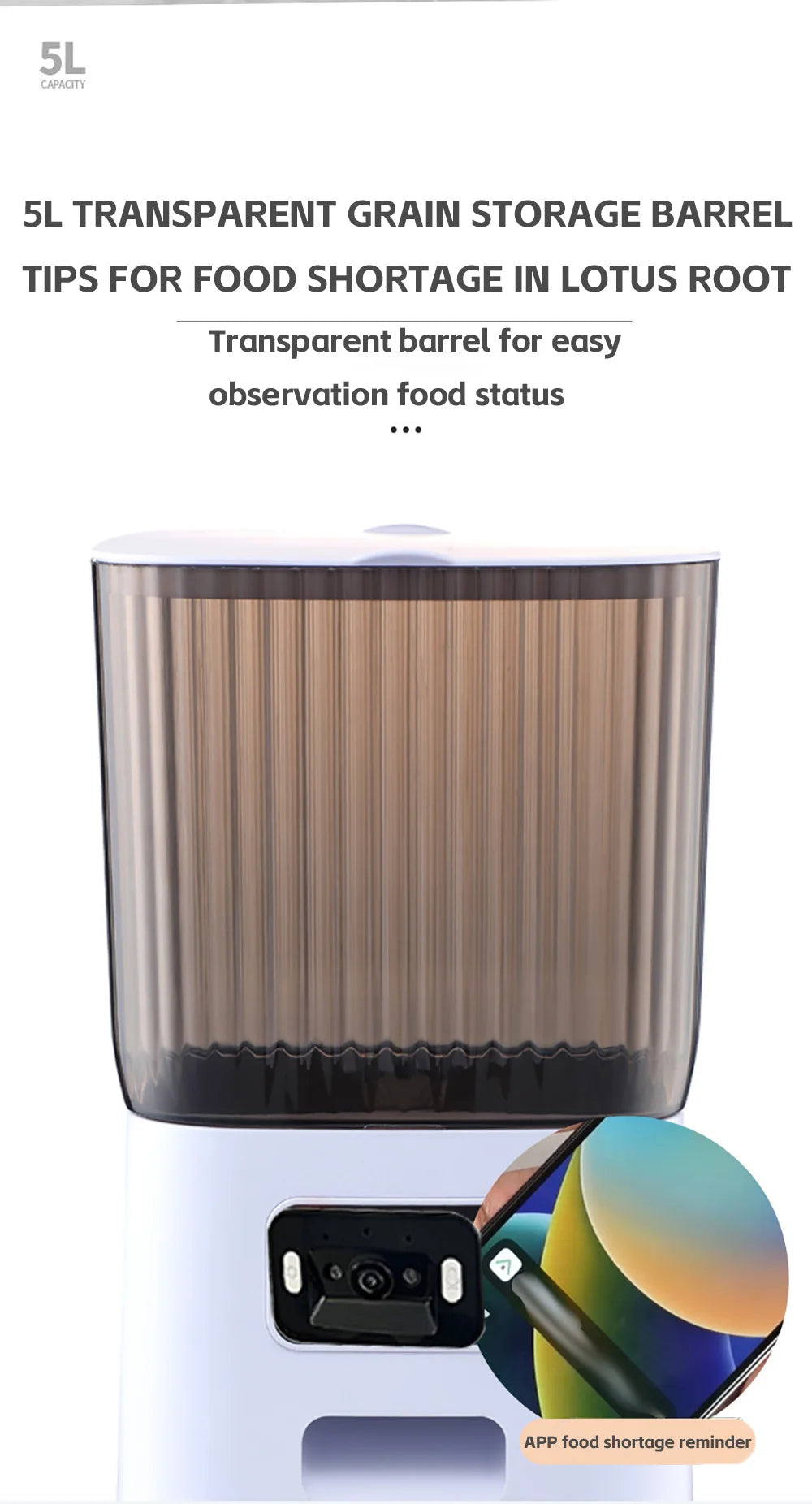 5L Pet Feeder with Camera Automatic Cat Feeder Smart Dog Food Dispenser WiFi Timing Stainless Steel Feeding Bowl（No 5V 2A Plug）
