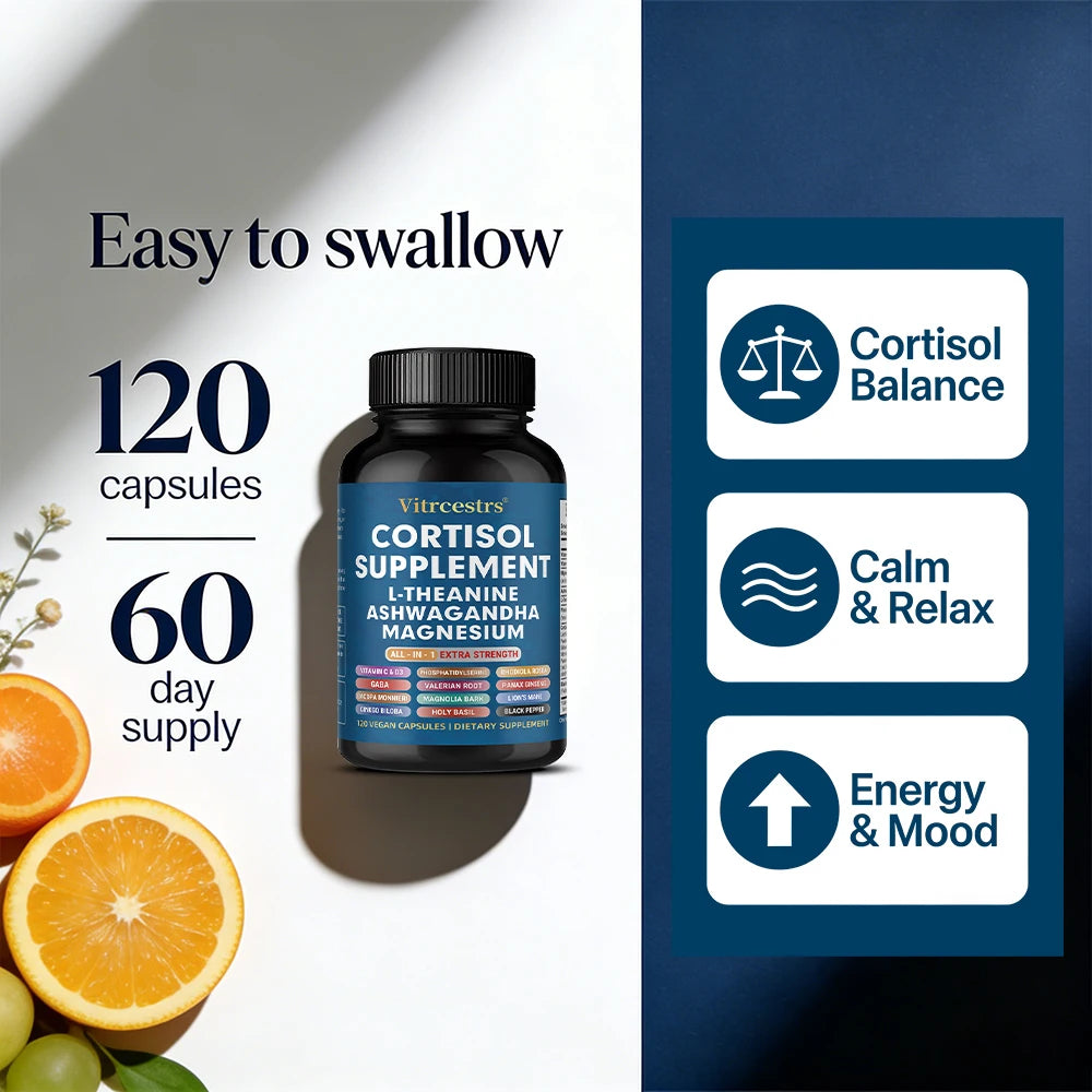 Cortisol Support Supplement - Magnesium, Supports Stress Relief, Calm Mood, Relaxation, Restful Sleep, Focus & Adrenal Health