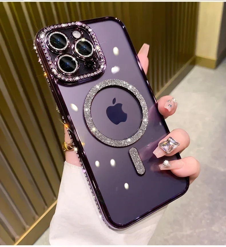 New Fashion Glitter Diamond Transparent Case For iPhone 16 15 14 13 17 12 18 Pro Max Plus Magnetic Wireless Charge Bumper Cover