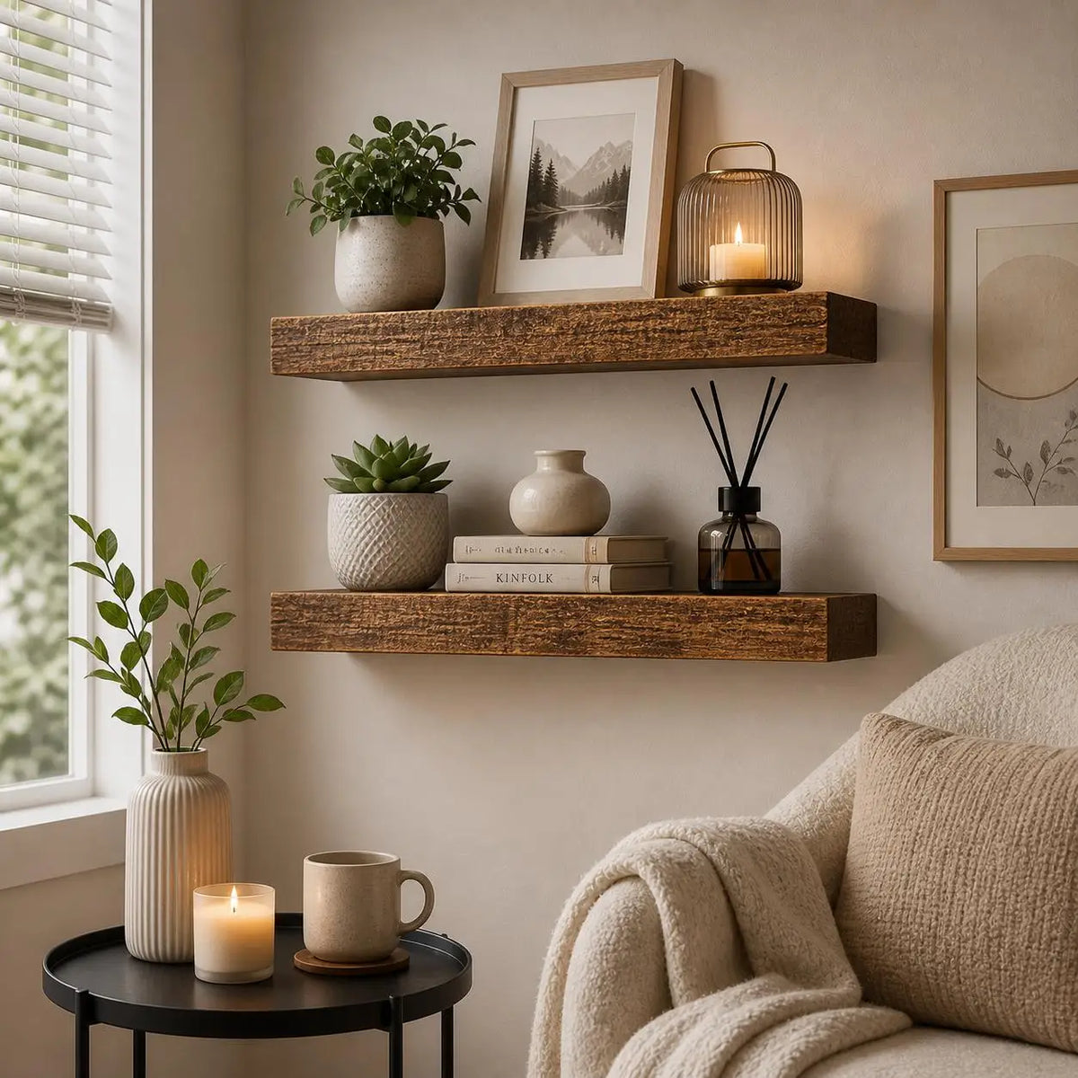 2Pcs Rustic Wooden Floating Shelves 16 Inch Wall Mounted Storage Rack Vintage Brown Wood Display Ledge Organizer Space Saving Shelf for Bathroom Bedroom Kitchen Living Room Home Decor