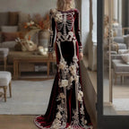 New Halloween White Bone Skeleton Long Sleeved Dress Dark Rose Printing Flower Slimming Holiday Party Dress 2026