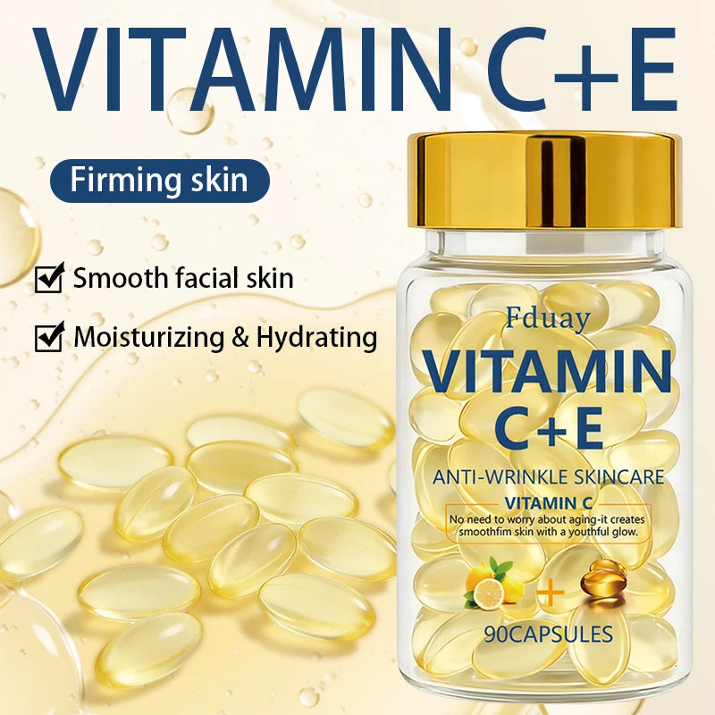 90pcs Vitamin C+E Skincare Essence Capsules with Vitamin C, Vitamin E, Collagen Moisturizer, Lifts Facial Drops, Nutrient Boost