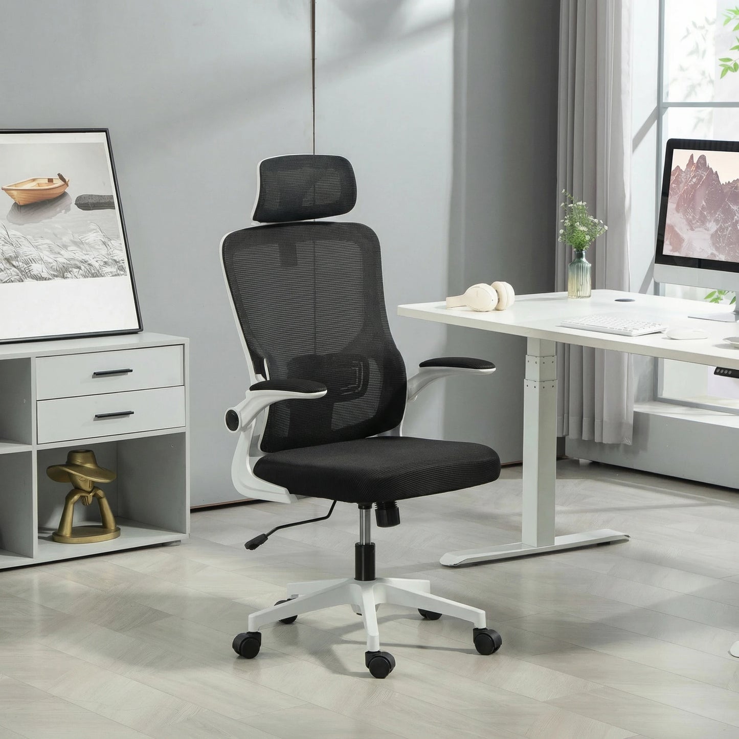360° swivel desk chair with adjustable headrest and lumbar support – black, seat height adjustable
