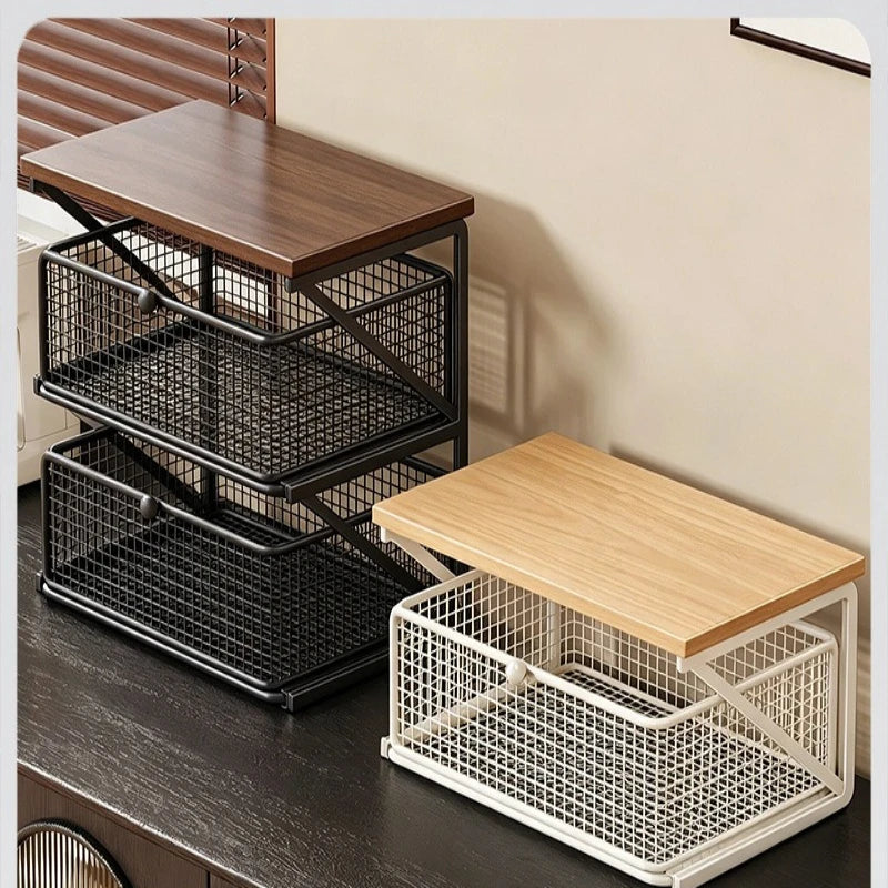 Kitchen Counter Shelf Organizer Ironwood Drawer Storage Rack Coffee Accessories Station for Room and Pantry Home Storage
