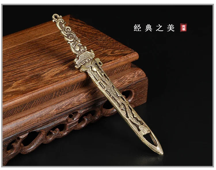 Brass Sword Pendant Waist Decoration Exquisite Double-Sided Carved Small Sword Handle Antique Copper Craft Ornament