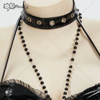 Meowcos Miss Misa Cosplay Costume Women  Halloween Gothic  Black Lace-up Corset Top and Skirt with Net Stockings and Sleeves