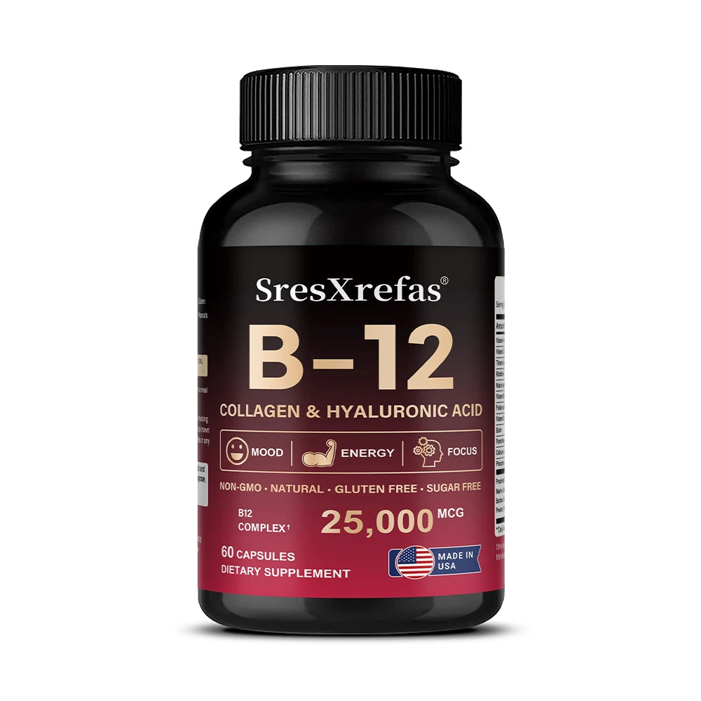 Vitamin B12 with Collagen,  Hyaluronic Acid - Supports Energy, Focus, Mood, Nervous System & Immune Health, Relieves Fatigue
