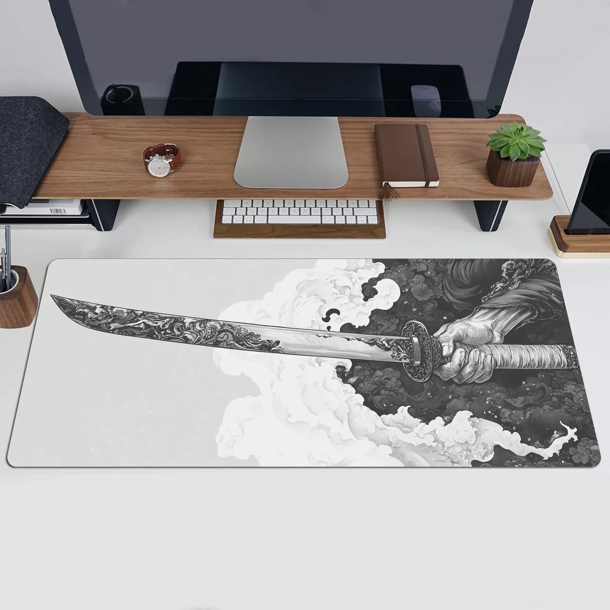 Black And White Comic Wind Sword Model Keyboard Mouse Pad Desk Mat Gaming Mouse Pad Non Slip Rubber Base Stitched Edges